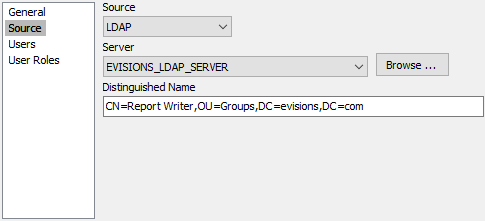 Group configuration dialog showing the entire DN for an LDAP source group